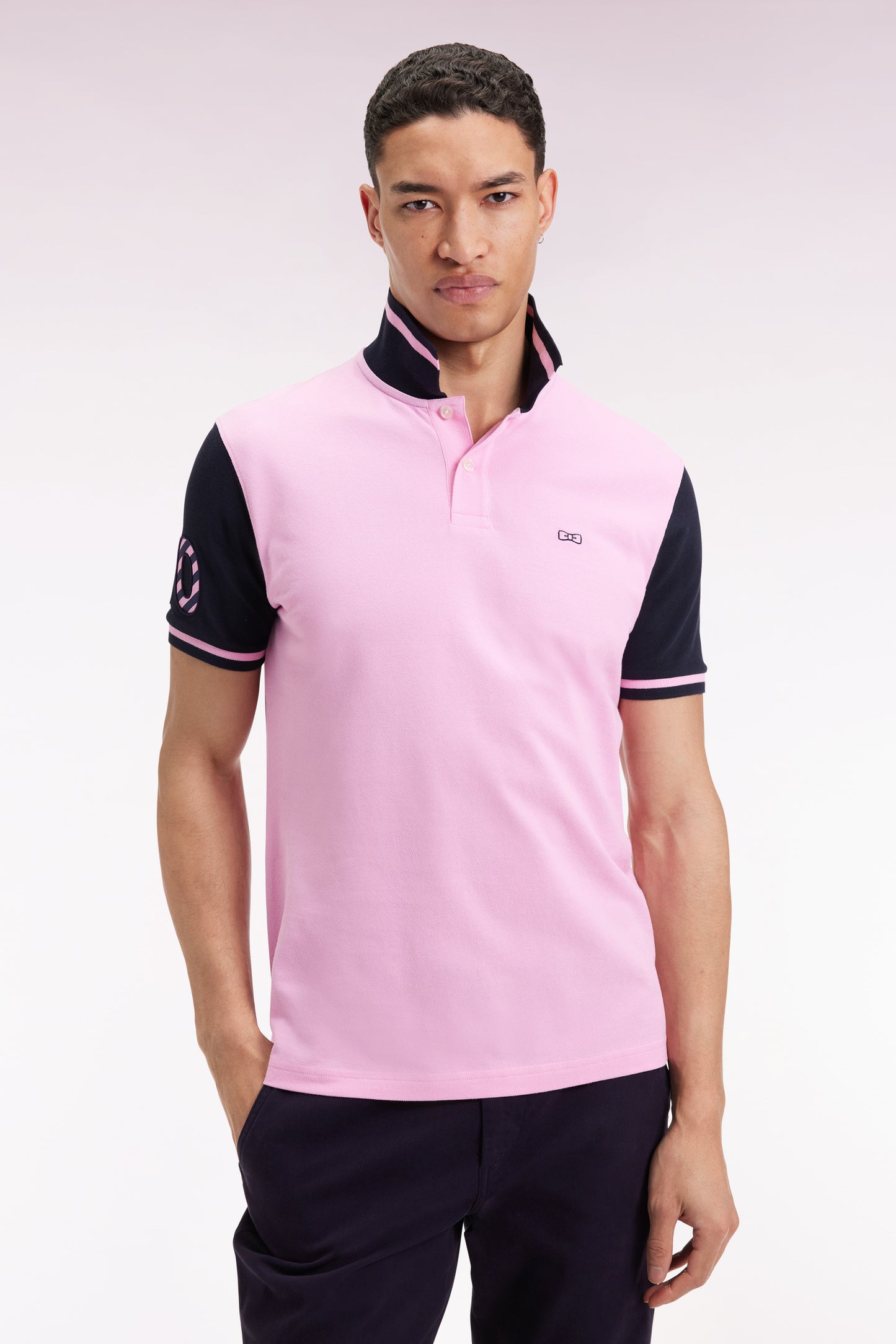 Two-tone short-sleeved polo shirt in pink cotton with 10" embroidery