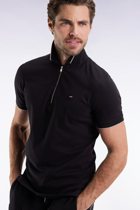 Polo manches courtes en piqué coton stretch noir zippé coupe slim - Image 3