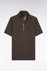 Short-sleeved polo shirt in brown stretch cotton piqué with zip and slim fit