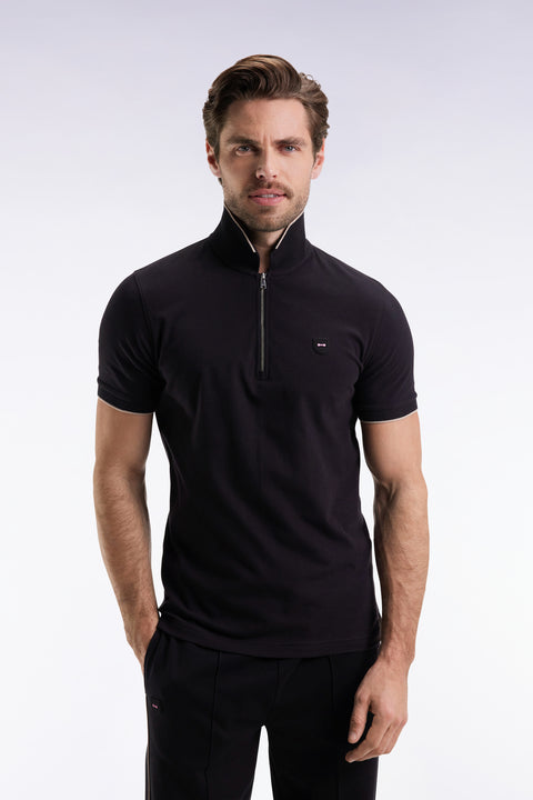Short-sleeved polo shirt in black stretch cotton piqué with zip and slim fit - Image 3