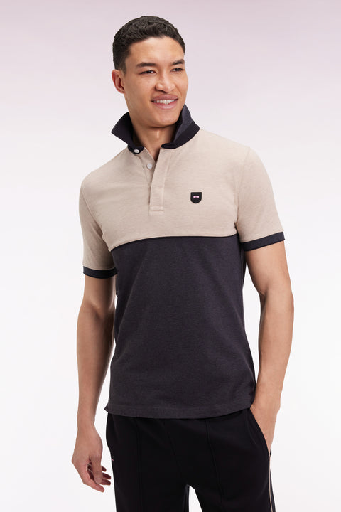 Two-tone short-sleeved polo shirt in stretch cotton piqué, dark grey, slim fit - Image 3