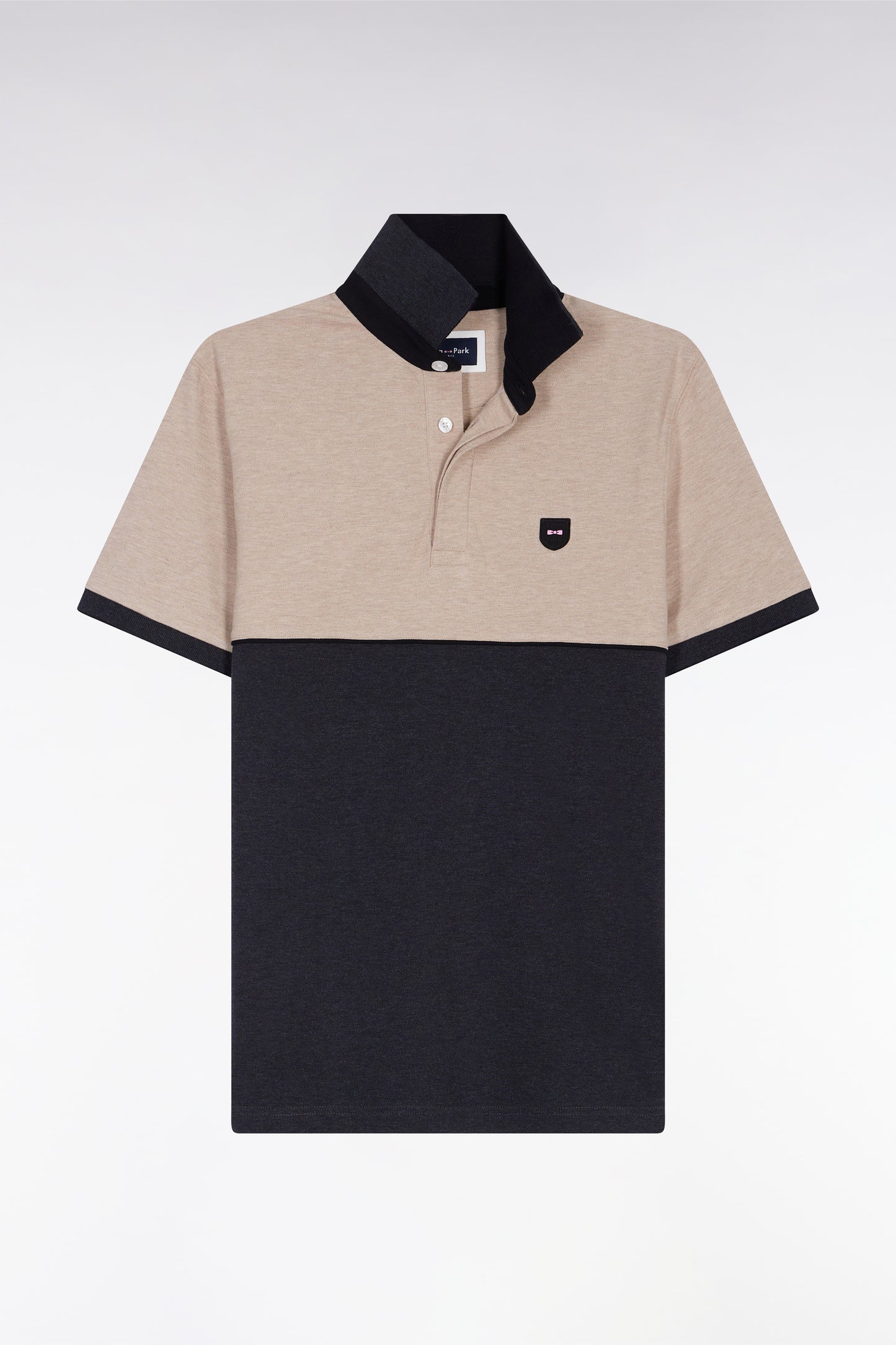 Two-tone short-sleeved polo shirt in stretch cotton piqué, dark grey, slim fit