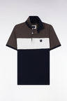 Polo tricolore manches courtes en piqué coton stretch marron coupe slim