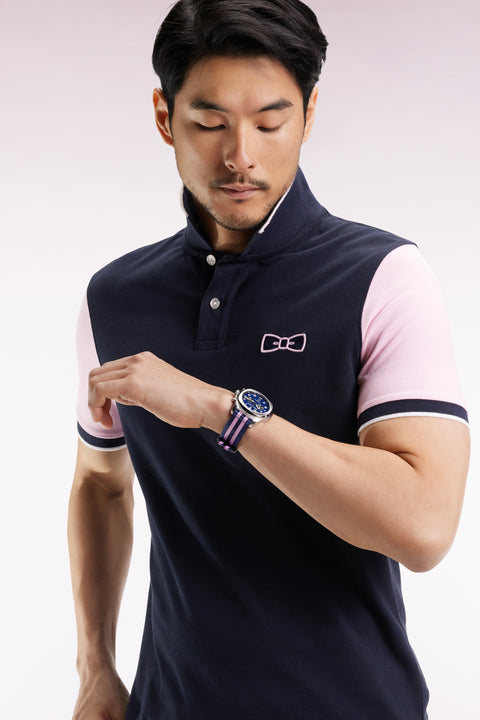 Navy cotton piqué polo shirt, short sleeves, straight cut - Image 1