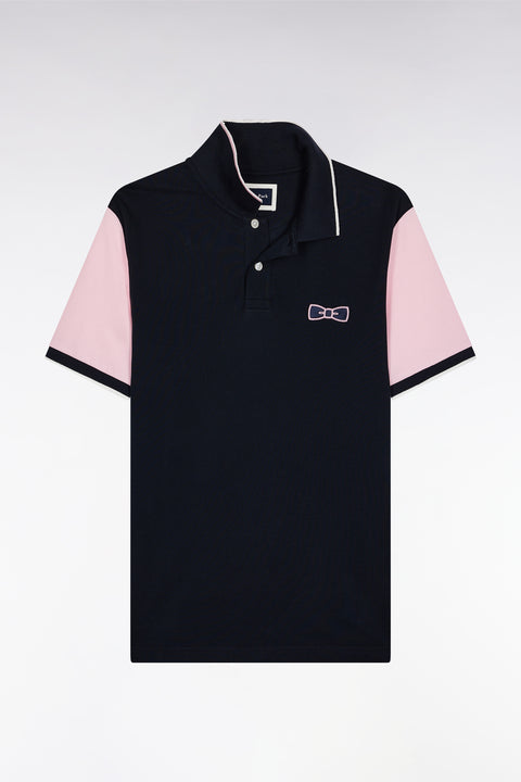 Navy cotton piqué polo shirt, short sleeves, straight cut - Image 2