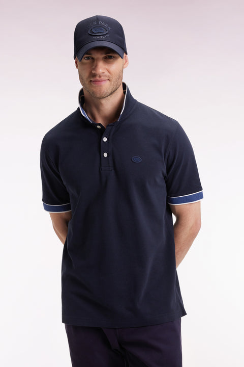 Short-sleeved navy cotton polo shirt, loose fit - Image 3