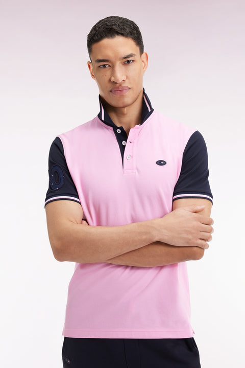 Short-sleeved pink and navy polo shirt with tricolored trim, straight cut - Image 1