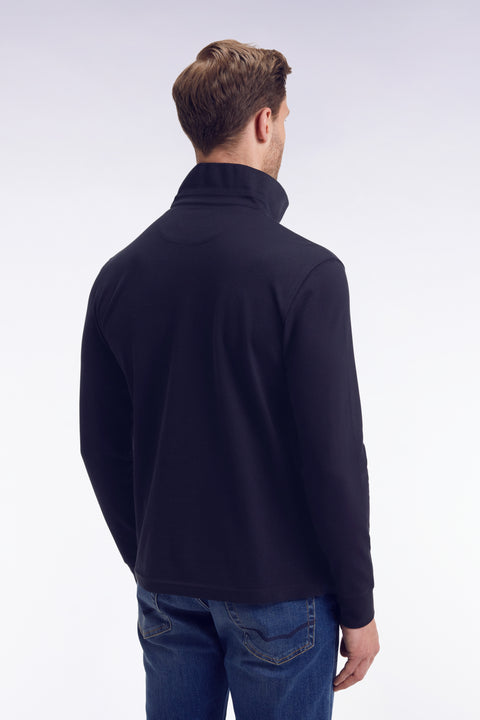 Long-sleeved polo shirt in navy stretch cotton, slim fit - Image 3