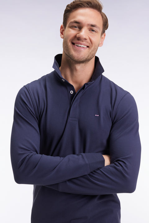 Long-sleeved polo shirt in grey stretch cotton, slim fit - Image 1