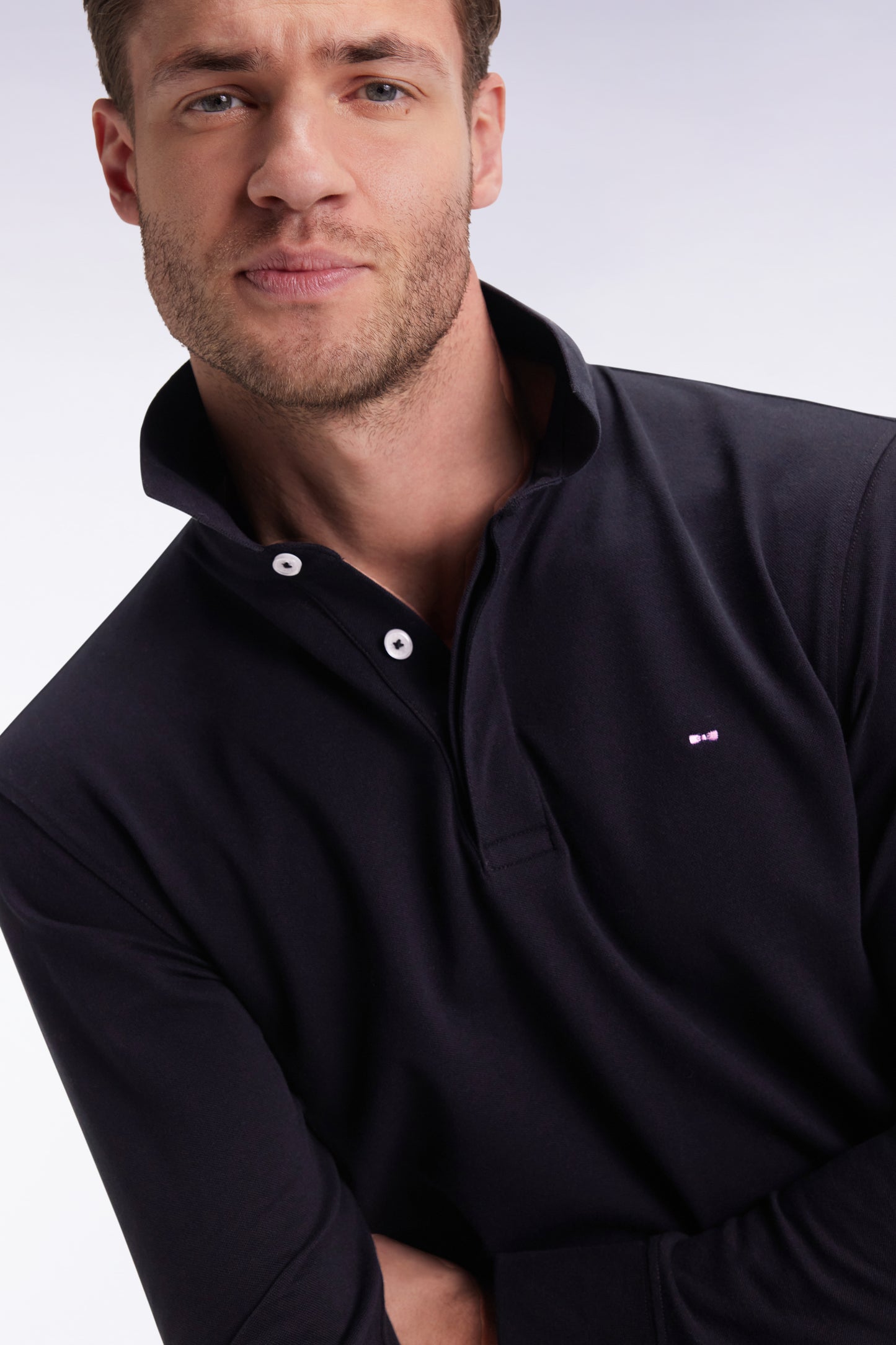 Long-sleeved polo shirt in black stretch cotton, slim fit