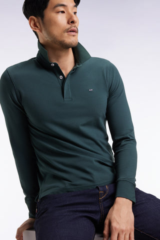 Long-sleeved polo shirt in bottle-green stretch cotton, slim fit