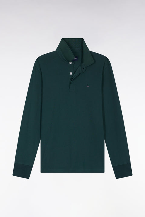 Long-sleeved polo shirt in bottle-green stretch cotton, slim fit - Image 2