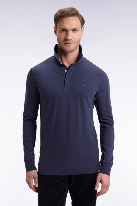 Long-sleeved polo shirt in grey stretch cotton, slim fit - Image 3
