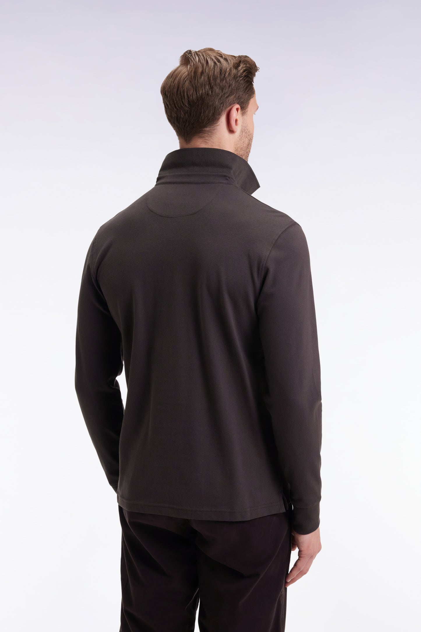 Long-sleeved polo shirt in brown stretch cotton, slim fit