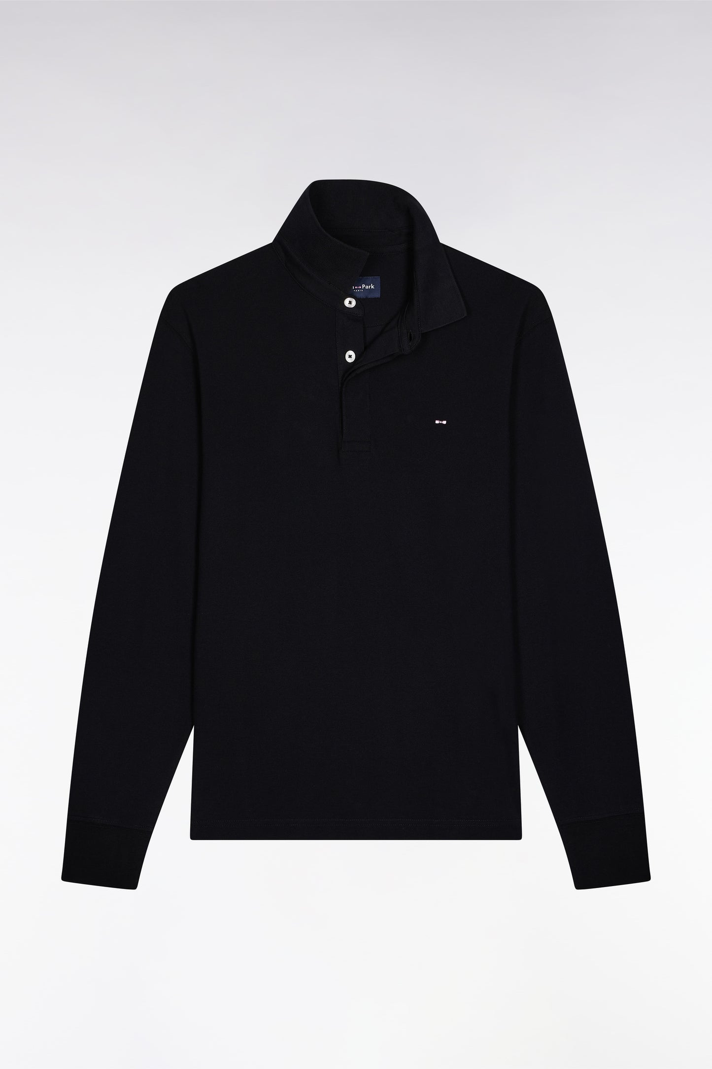 Long-sleeved polo shirt in black stretch cotton, slim fit