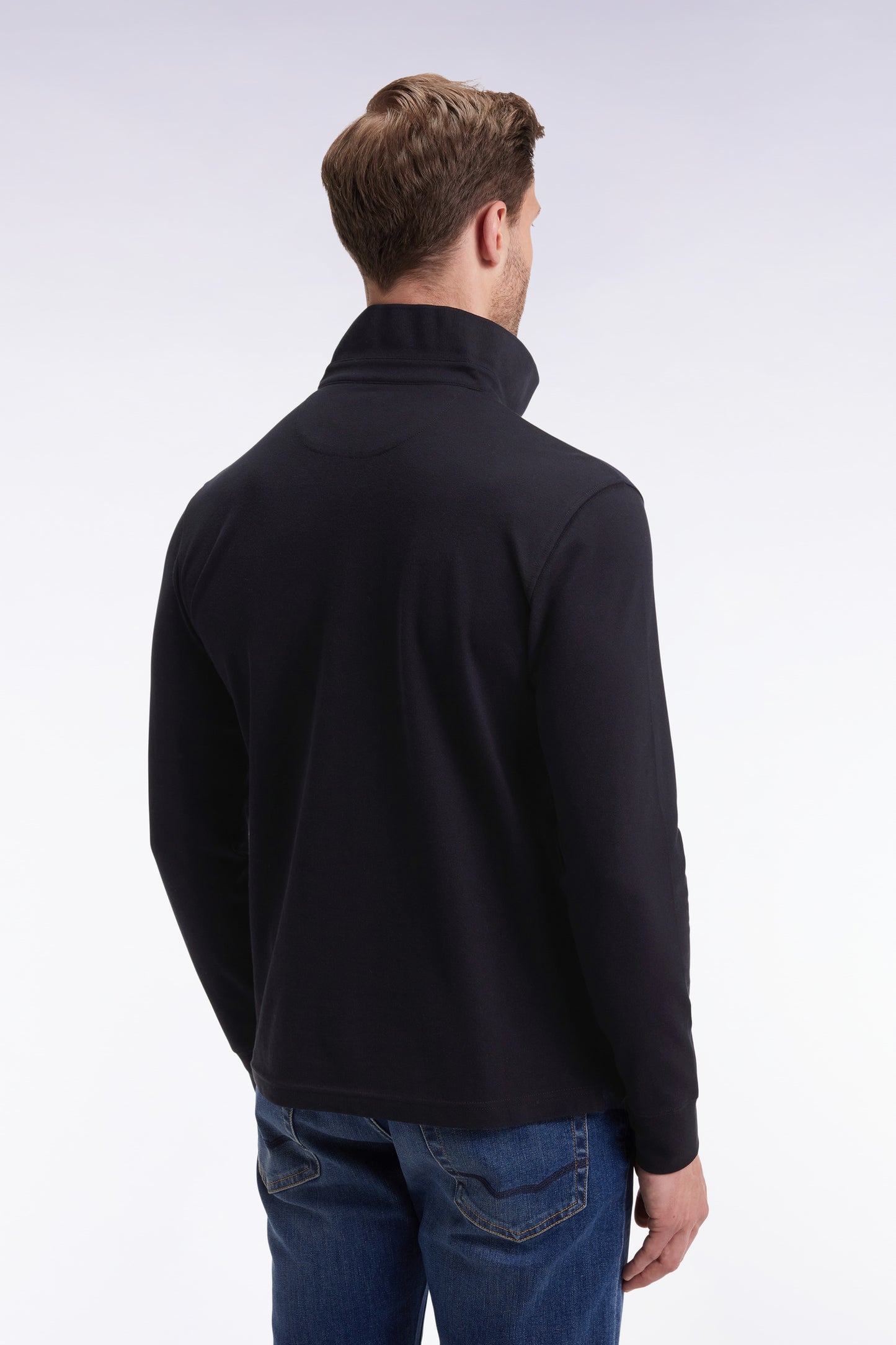 Long-sleeved polo shirt in black stretch cotton, slim fit