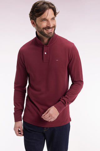 Long-sleeved polo shirt in burgundy Pima cotton, straight cut