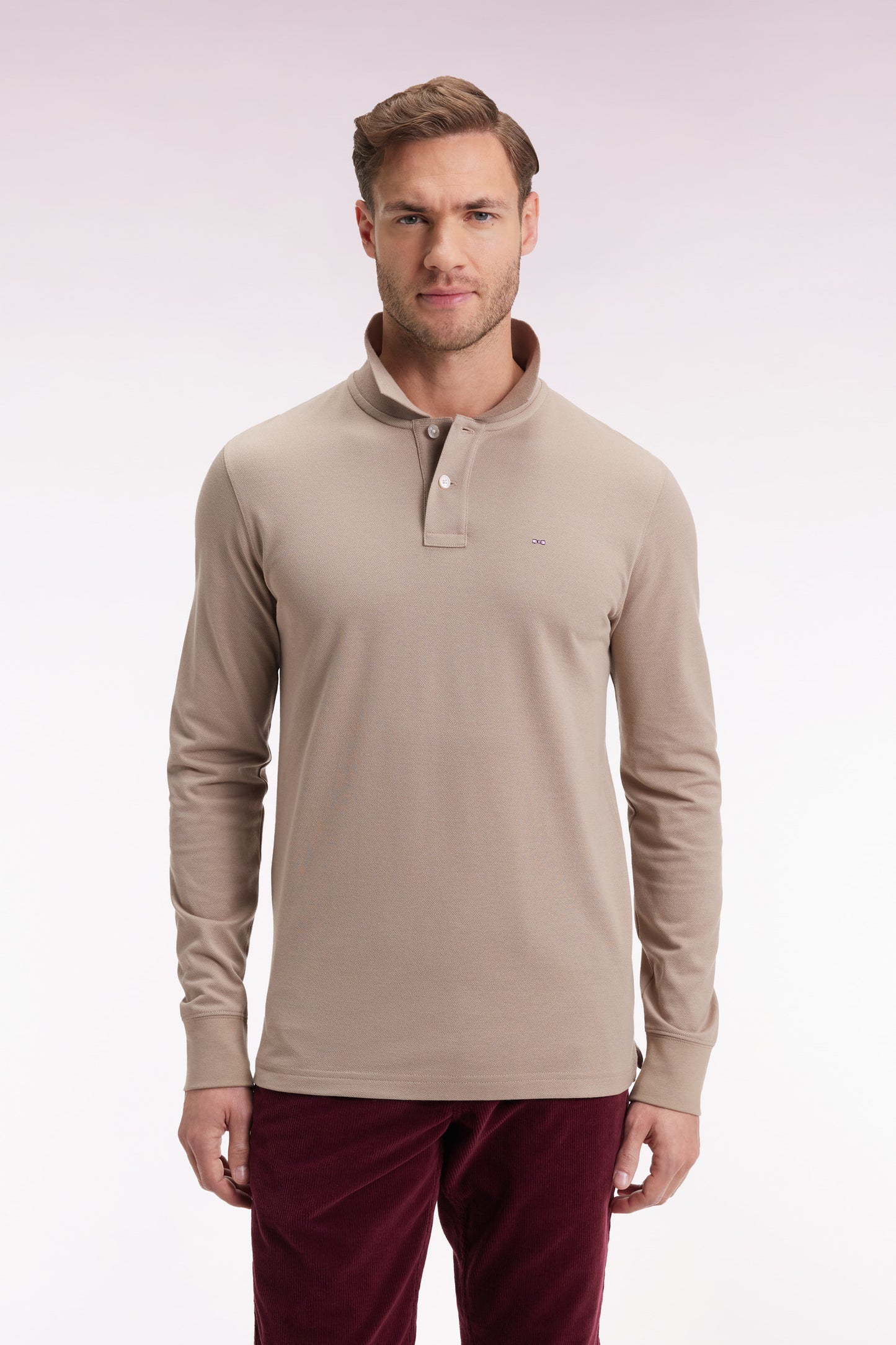 Long-sleeved polo shirt in beige Pima cotton, straight cut