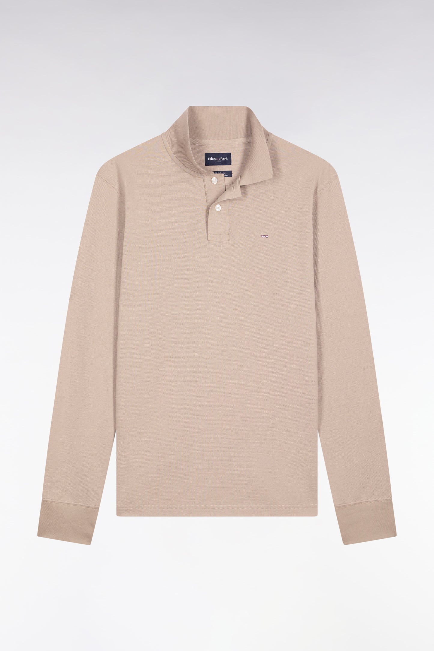 Long-sleeved polo shirt in beige Pima cotton, straight cut