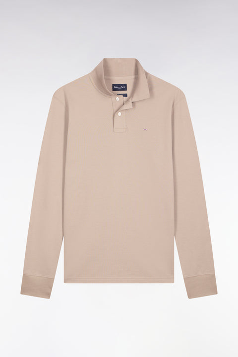 Long-sleeved polo shirt in beige Pima cotton, straight cut - Image 2