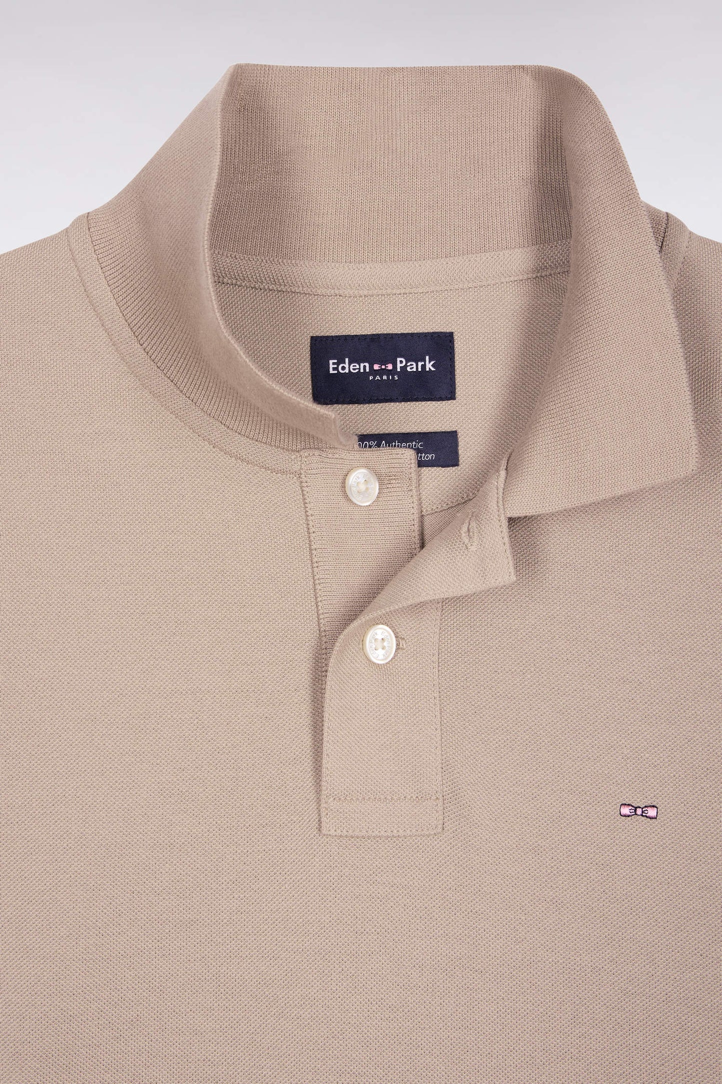 Long-sleeved polo shirt in beige Pima cotton, straight cut