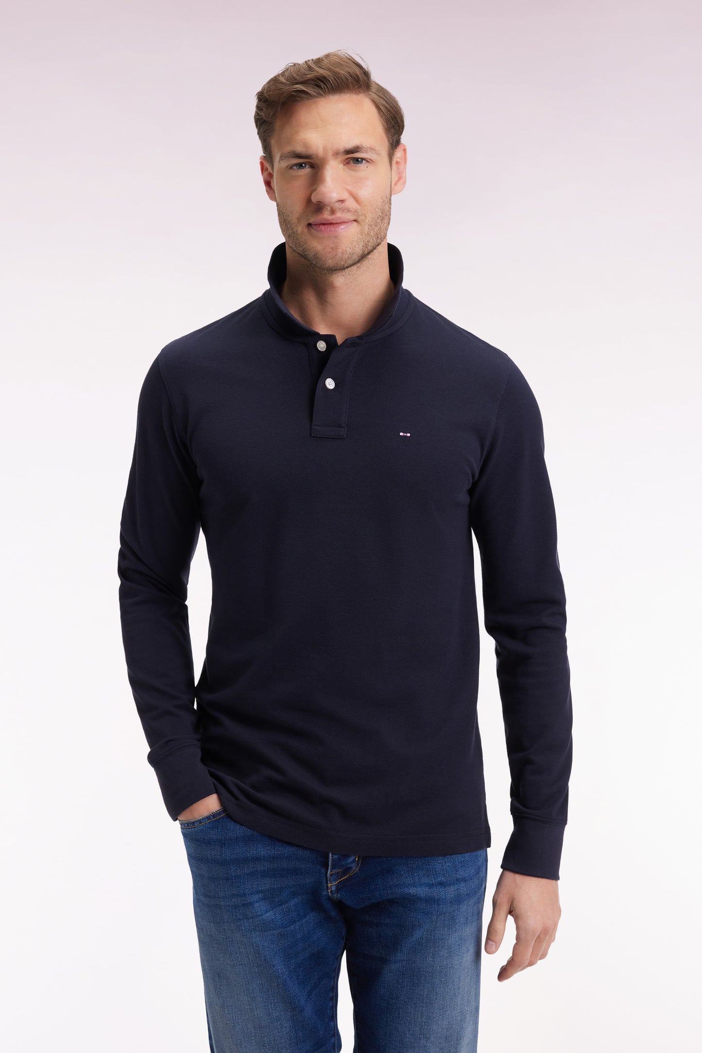 Long-sleeved polo shirt in straight-cut navy Pima cotton