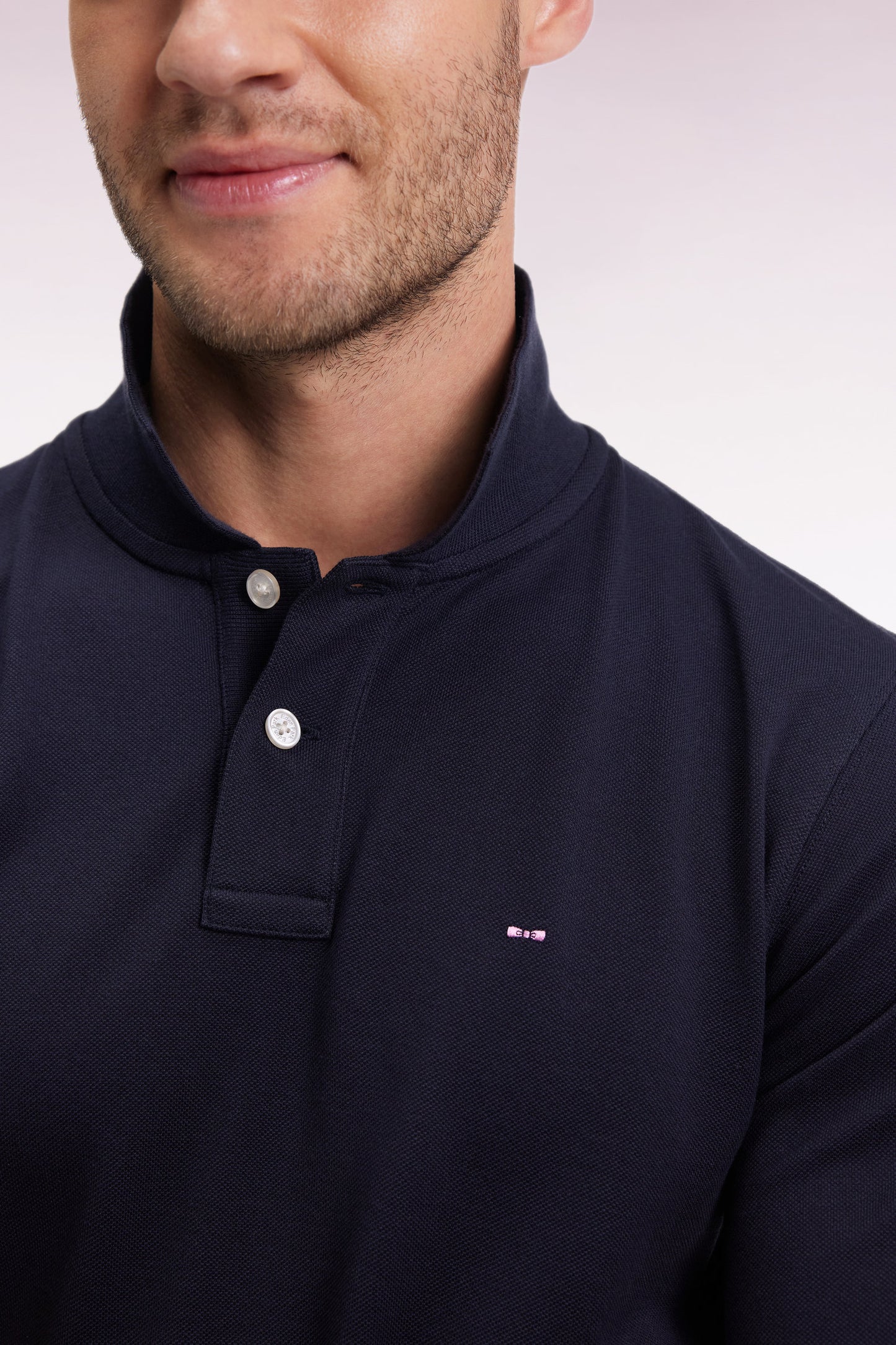 Long-sleeved polo shirt in straight-cut navy Pima cotton