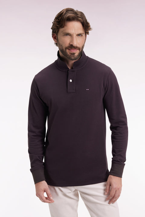 Long-sleeved polo shirt in brown Pima cotton, straight cut - Image 3