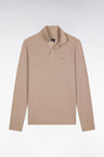 Long-sleeved polo shirt in beige mottled cotton, straight cut