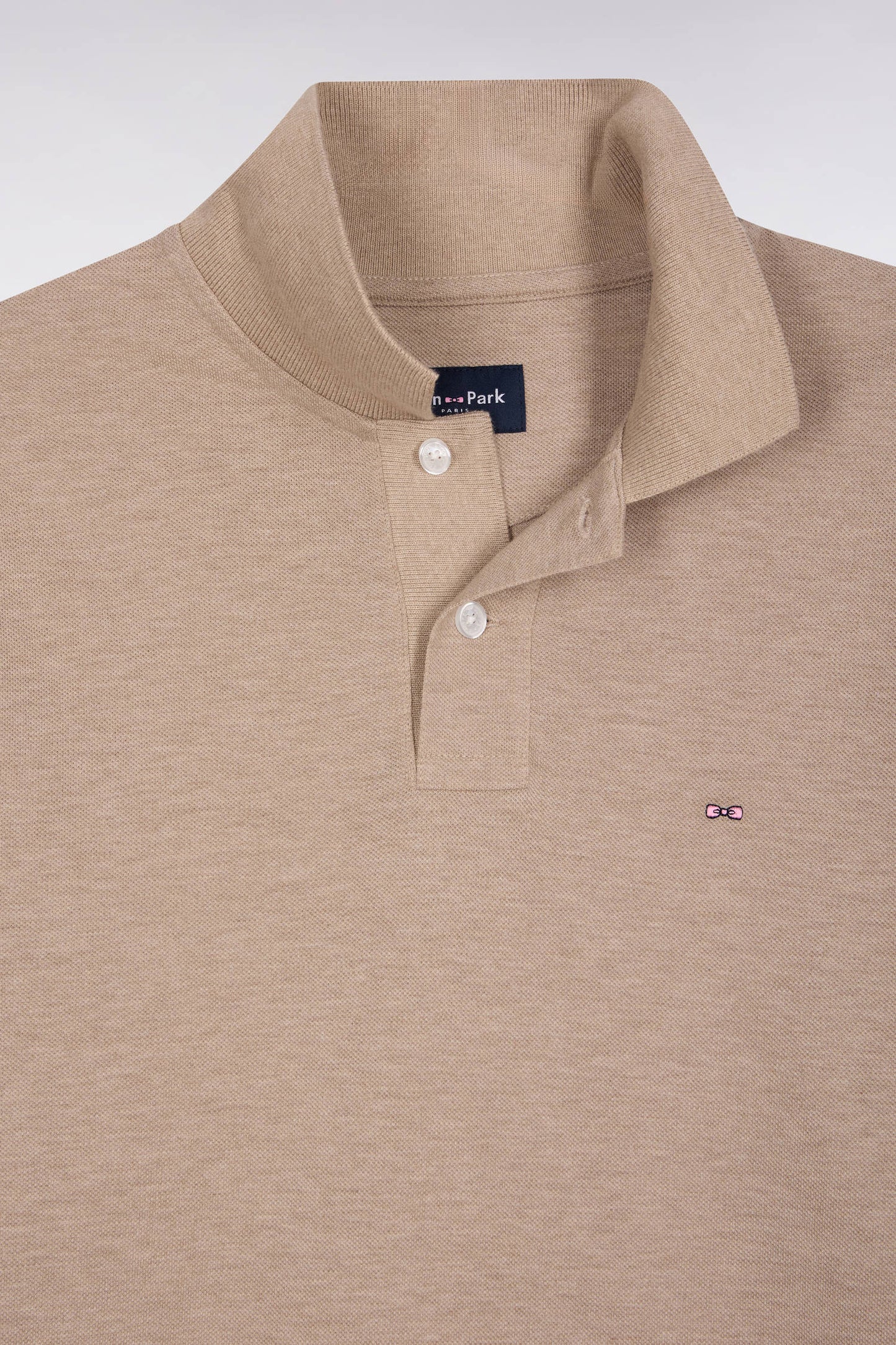 Long-sleeved polo shirt in beige mottled cotton, straight cut