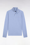 Long-sleeved polo shirt in sky-blue mottled cotton, straight cut