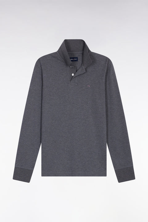 Long-sleeved polo shirt in grey mottled cotton, straight cut - Image 2
