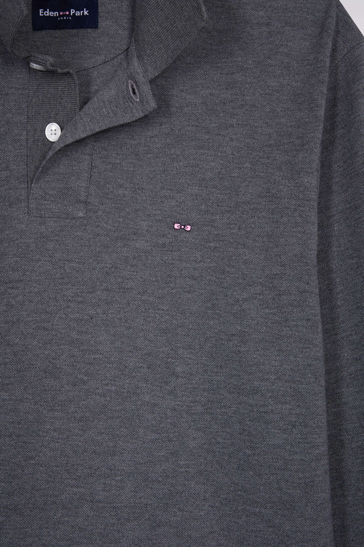 Long-sleeved polo shirt in grey mottled cotton, straight cut