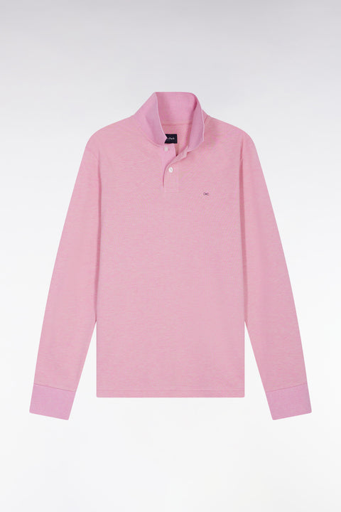 Long-sleeved polo shirt in pink mottled cotton, straight cut - Image 2