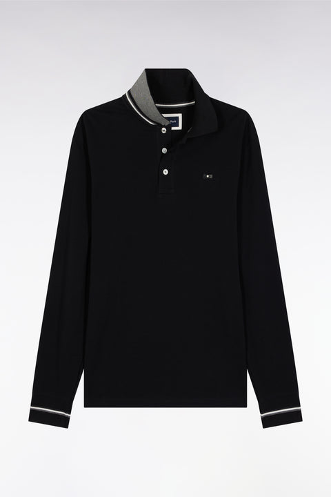 Relaxed fit long-sleeved polo shirt in black cotton - Image 2
