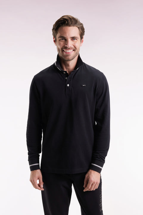 Relaxed fit long-sleeved polo shirt in black cotton - Image 3
