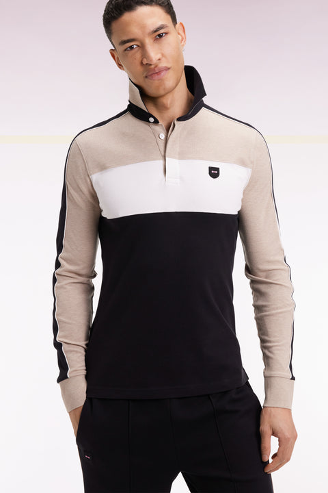 Polo tricolore à manches longues en coton stretch beige coupe slim - Image 3