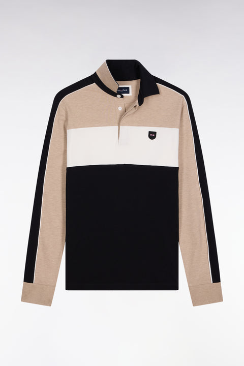 Three-tone long-sleeved polo shirt in beige stretch cotton, slim fit - Image 2