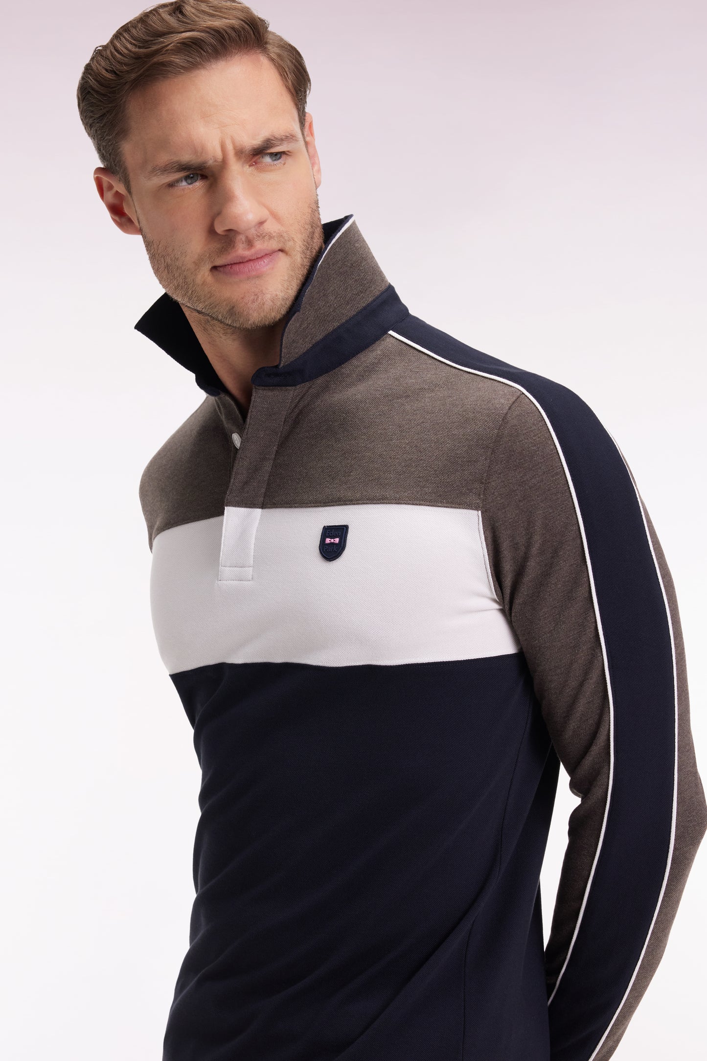 Three-tone long-sleeved polo shirt in brown stretch cotton, slim fit