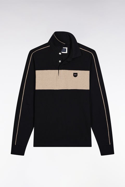 Three-tone long-sleeved polo shirt in black stretch cotton, slim fit - Image 2