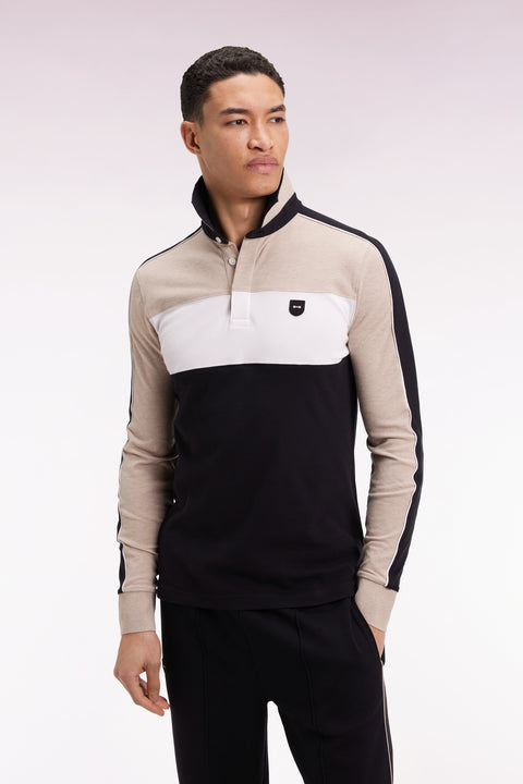 Polo tricolore à manches longues en coton stretch beige coupe slim - Image 1