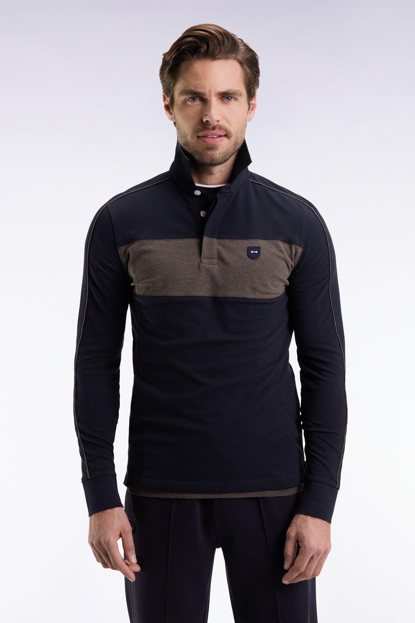 Three-tone long-sleeved polo shirt in navy stretch cotton, slim fit