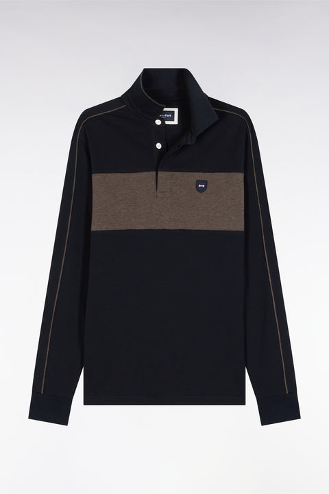 Polo tricolore à manches longues en coton stretch marine coupe slim - Image 2