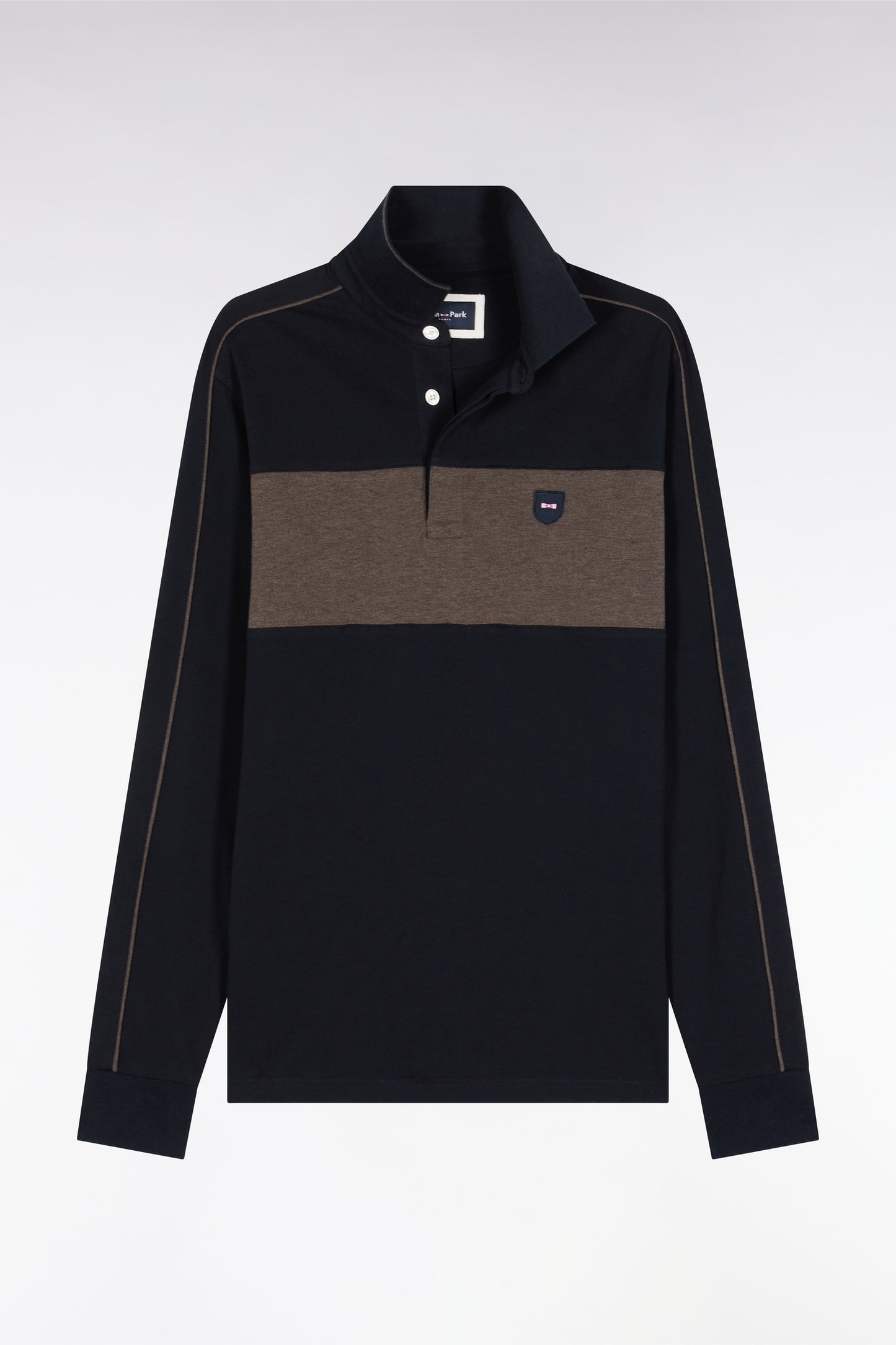 Three-tone long-sleeved polo shirt in navy stretch cotton, slim fit
