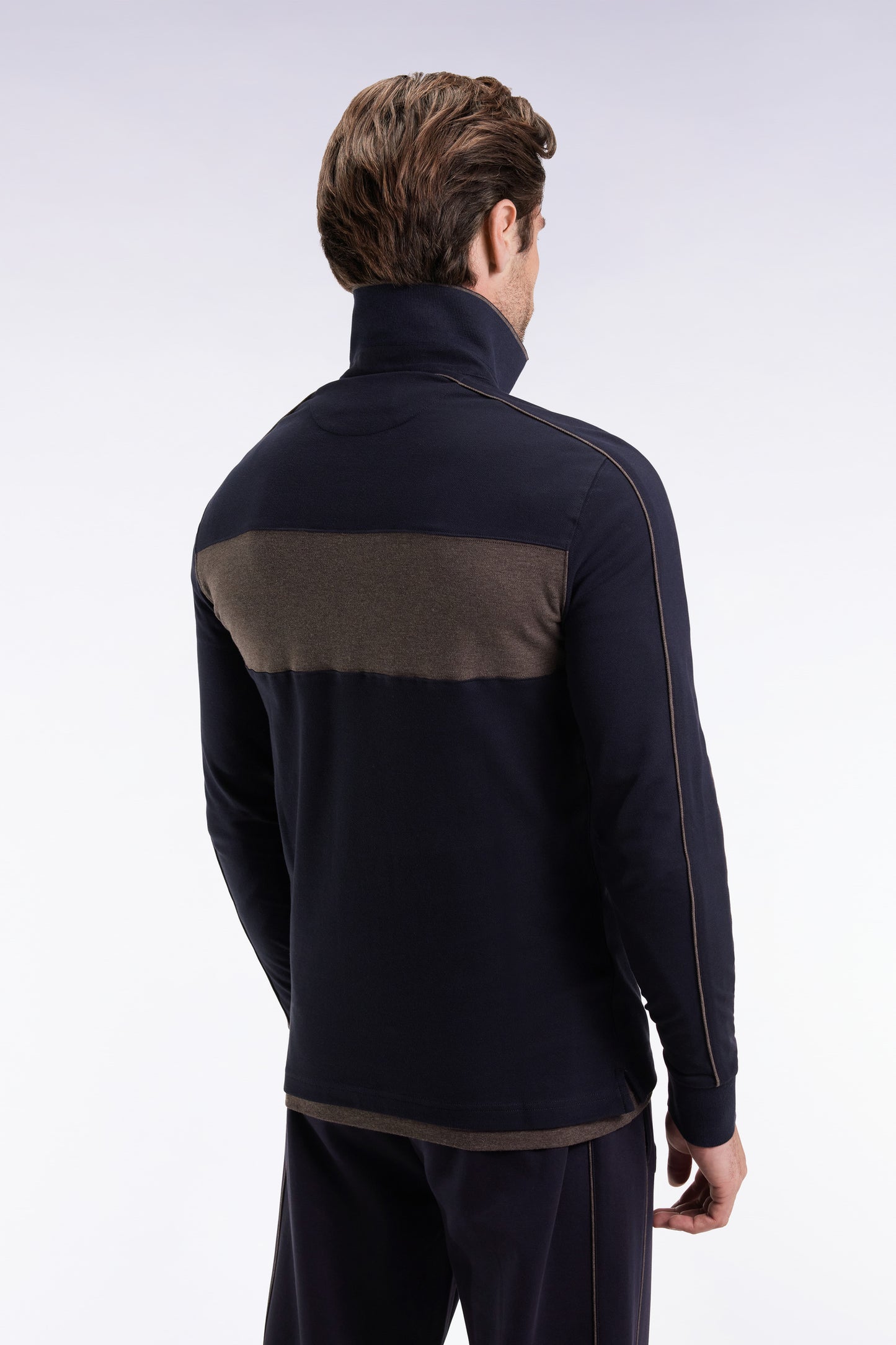 Three-tone long-sleeved polo shirt in navy stretch cotton, slim fit