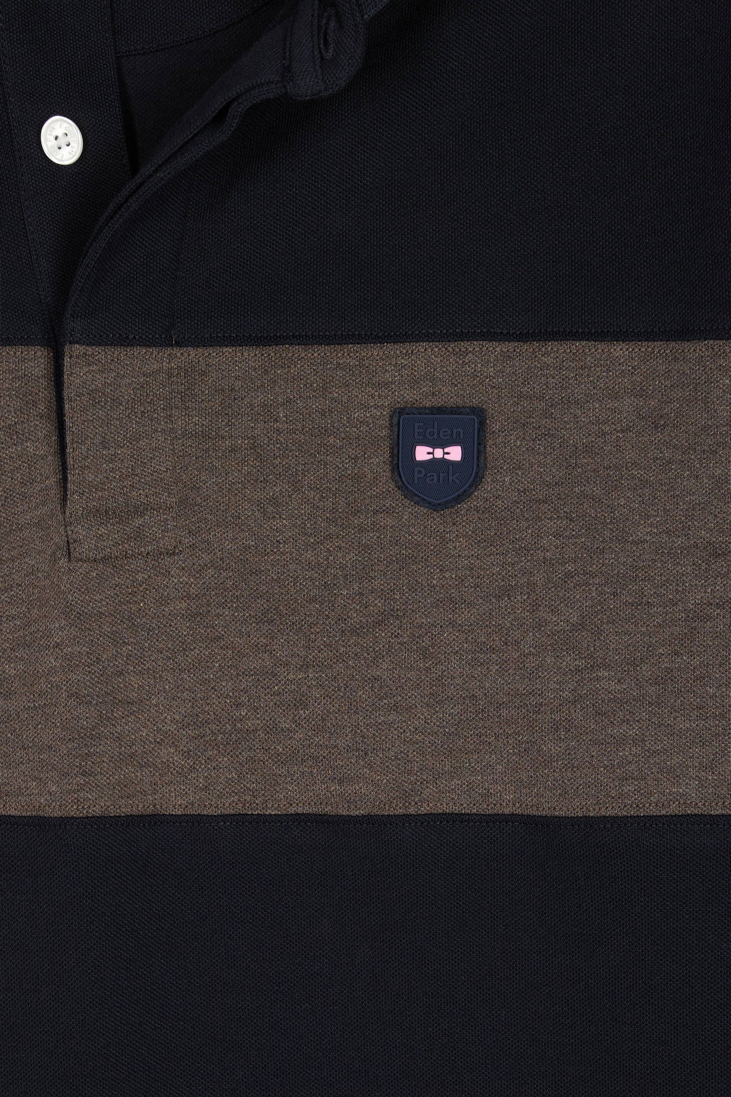 Three-tone long-sleeved polo shirt in navy stretch cotton, slim fit
