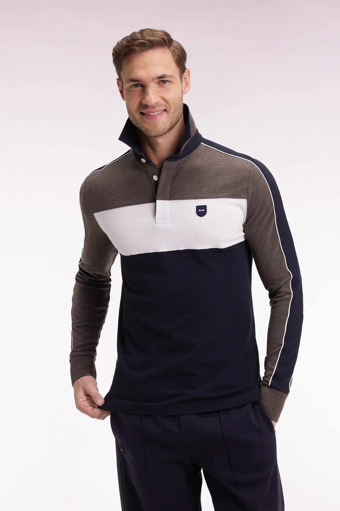 Three-tone long-sleeved polo shirt in brown stretch cotton, slim fit