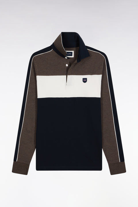 Polo tricolore à manches longues en coton stretch marron coupe slim - Image 2