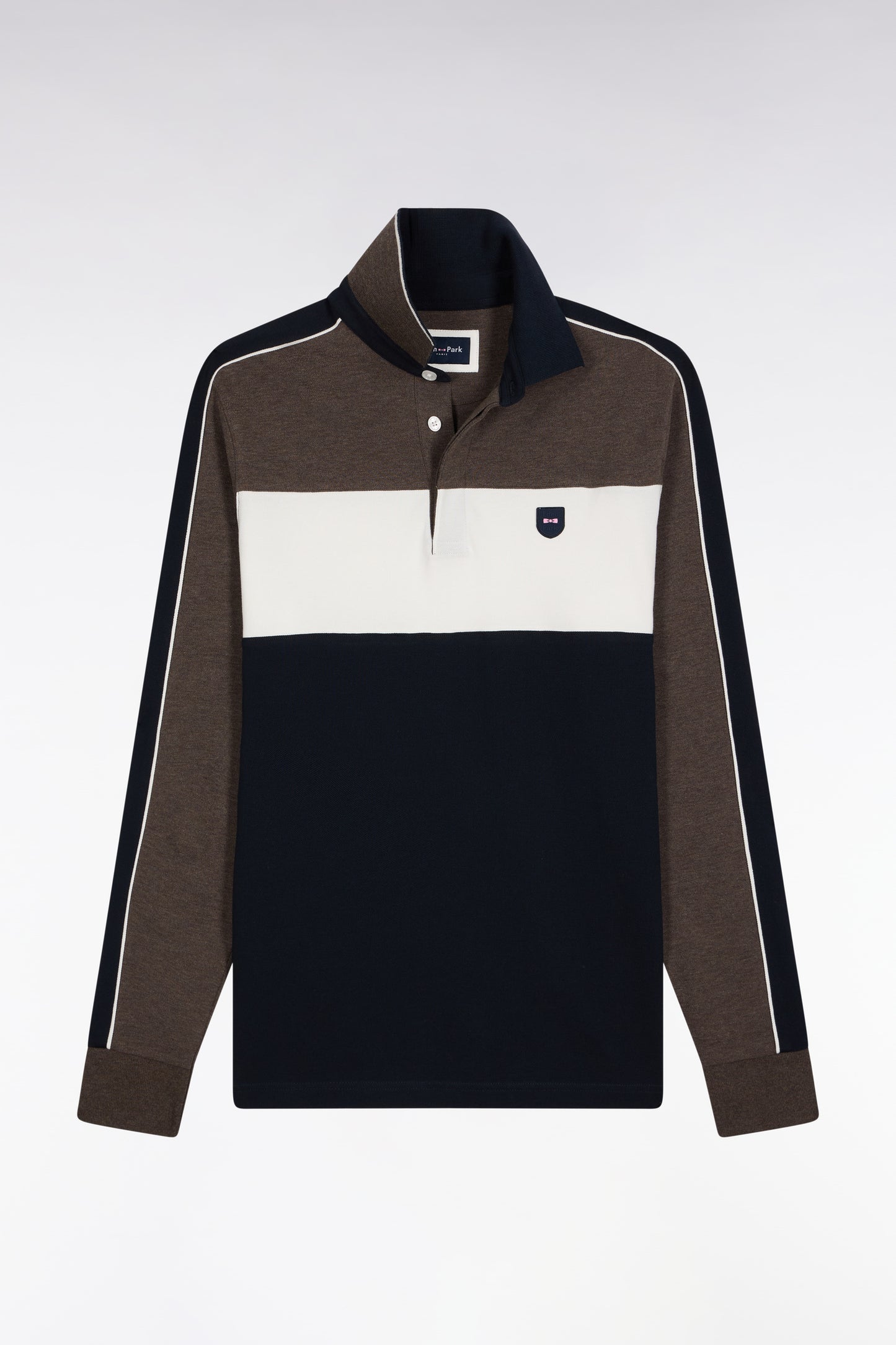 Three-tone long-sleeved polo shirt in brown stretch cotton, slim fit