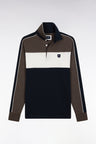 Three-tone long-sleeved polo shirt in brown stretch cotton, slim fit